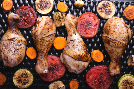 Delicious food on the table, grilled chicken legs, fragrant crust, smoke-flavored vegetables....
