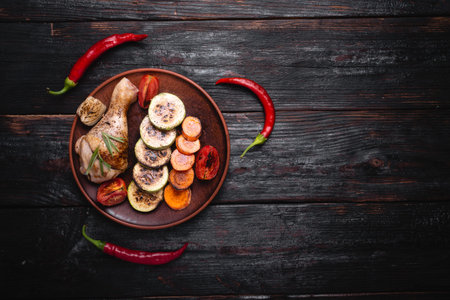 fast food fried chicken legs on a plate, hot hot chili pepper, place for your textの写真素材