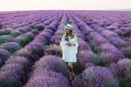 Young brunette girl with long hair in a white dress and a hat holds a bouquet of lavender and poses in a lavender field in Prvoance, Franceの写真素材