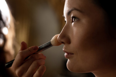 Compose. A series of photos of a make-up artist Beautiful girl with black hair. Backstage makeup...