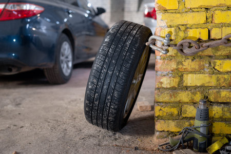 Photo of a car wheel attached with an iron mount to the yellow wall of a car service center