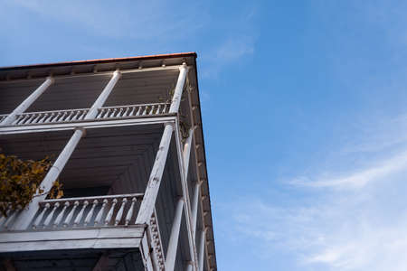 Colorful wooden balconies in the old town of Tbilisi, the capital of Georgia. view from below. Place for textの写真素材