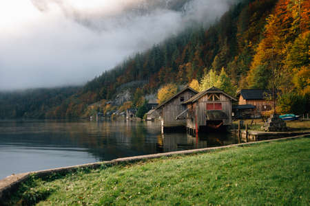 magic dawn, Hallstatt, Salzkammergut, Austria, Europe. Fog over the lake Mountains in the backgroundの写真素材