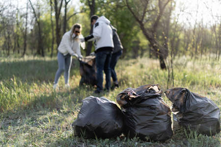 A group of volunteers cleans the park from debris. Three people in the spring collect plastic waste. Environmental pollution concept. Place for textの写真素材
