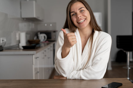 Happy friendly woman waving, looking at webcam camera, smiling young vlogger lady recording video...