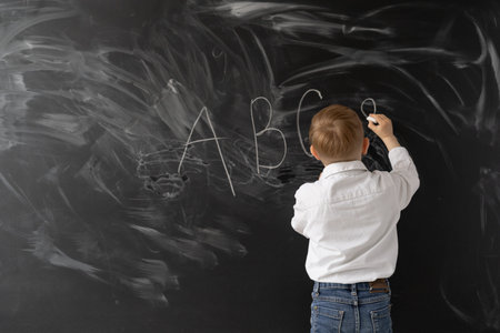 Concept back to school. little boy writes in chalk on a blackboard. The first letters of the...
