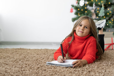 a girl of European appearance lies on the floor near the Christmas tree. Sheet of paper in hands...