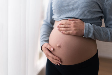 A pregnant stands near the window. Belly close up. Hands touch him. The concept of communication...