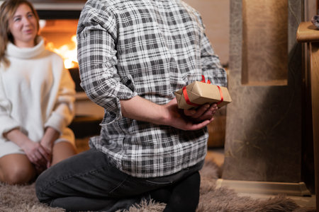 The woman sits on the floor by the fireplace, and the man hides a present for his wife behind his back. Valentines Day holiday concept.の写真素材