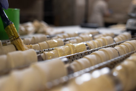Rolls of raw puff pastry on a metal cone are smeared with a brush with vegetable oil. Baking in a...