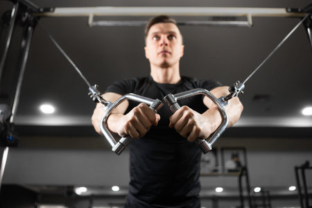 Training a young man in the gym on a simulator for pumping the muscles of the biceps and triceps....