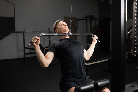 Handsome young man doing bench press, arm and chest trainer. The process of preparing for a...