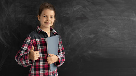caucasian girl student in the classroom near the chalk board. Holds a notebook smiling. Online...