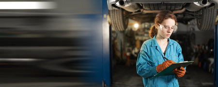 A woman mechanic stands against the background of a raised car. holds the tablet in his hands and records the damage. Marks with a pen. Copy space.の写真素材