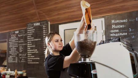 Professional coffee grinder and barista girl pouring Arabica coffee beans into the grinding tank. banner. Cafe and young woman grinding coffee to make hot espresso.の写真素材