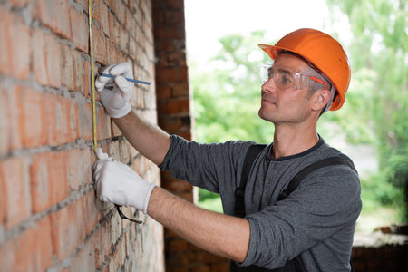 construction worker male foreman in protective helmet and goggles measures the brick wall ruller....