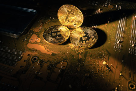 three gold bitcoin coins on the motherboard. Cryptocurrency course concept