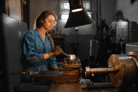 A young woman in goggles and overalls is standing near the lathe. Profession concept Turner,...