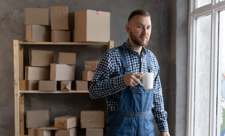young Caucasian small business owner stands near a rack with boxes and holds a cup of coffee. online sales, e-commerce and small and medium business conceptの写真素材