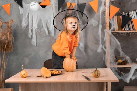 A little girl makes a jack-o-lantern out of a large pumpkin to celebrate Halloween. Witch costume, hat and makeup. take out the pulp with seeds.の写真素材