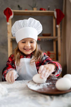 Little girl baker. The child prepares Christmas gingerbread or biscuit and takes eggs from the plate. portrait of childrens chef with homemade bakedの写真素材
