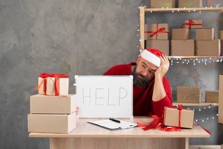 Bearded small business owner in santa hat sitting in the office holding a sign Help. Big Christmas gift sale. The entrepreneur is depressedの写真素材