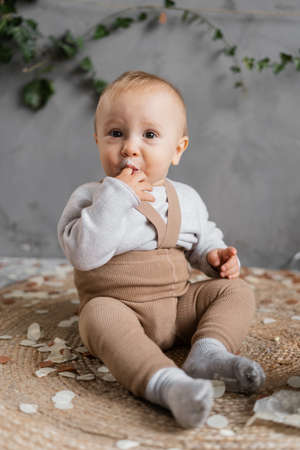 Portrait of a one-year-old toddler sitting on the floor, licking his finger with cream. First birthday of a toddler.の写真素材