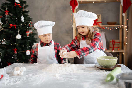 Happy brother and sister cooking Christmas gingerbread in the kitchen, cookie dough, little chefs preparing food.の写真素材