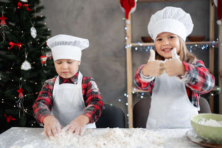 Happy family, children prepare dough, bake gingerbread in the kitchen, boy and girl prepare Christmas cookies. Festive background.の写真素材