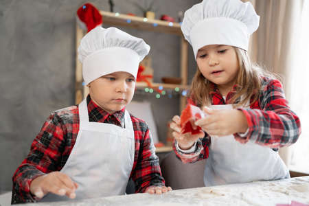 Boy and girl bakers cutting out Christmas cookies with a mold, making gingerbread Christmas tree on the table, children cooking on Christmas eve.の写真素材