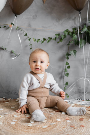 Happy one year old toddler, child sitting on the floor with balloons, rustic style photo zone, birthday boy portrait, toddler boy close-up, balloons.の写真素材