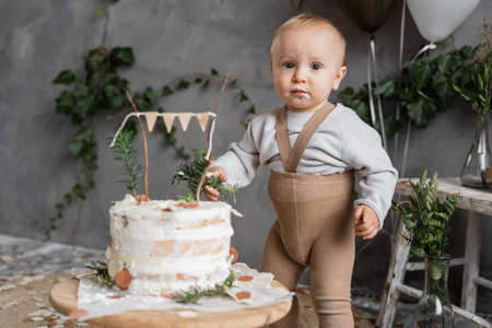 kid boy eating cake on his first birthday, one year old child delicious cake, decorated background in natural style, close-up of boy licking creamの写真素材