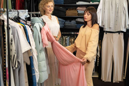 real girl choosing dress in store with sales consultant, woman seller helping buyer to choose clothes, fashion boutique.の写真素材