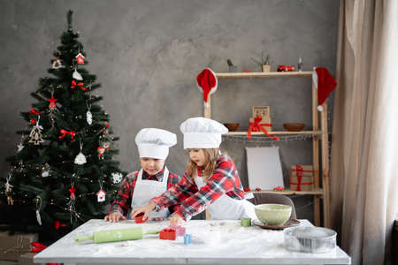 Happy children preparing cookies or gingerbread for christmas, decorated background, brother and sister cut out cookies in the shapeの写真素材
