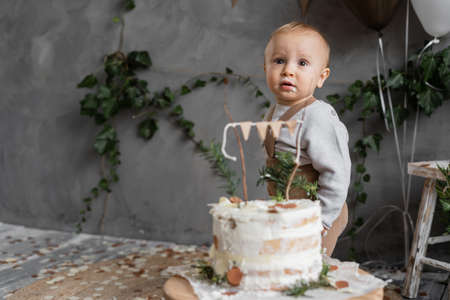 Portrait of a little boy on his first birthday, cake on the table near the kid, gray background, place for text, natural colors of the decor. One yearの写真素材
