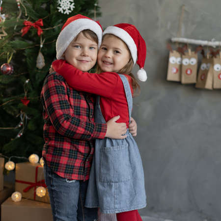 Merry Christmas, brother and sister in Santa hats on a festive background, home interior with children and a Christmas tree, close-up.の写真素材