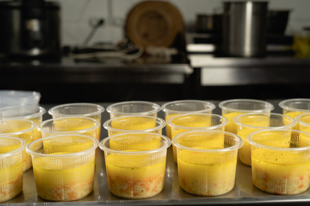 Food delivery. Many disposable soup plates in the lunch box are on the table in the kitchen in the...