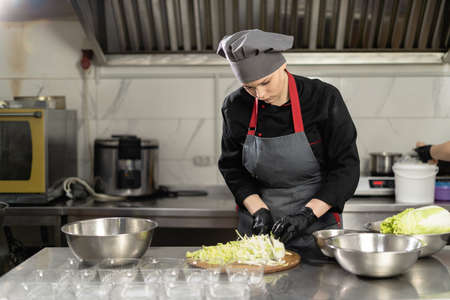 People profession concept, female chef cook in restaurant kitchen cuts vegetable salad, worker serving orders, prepare foodの写真素材