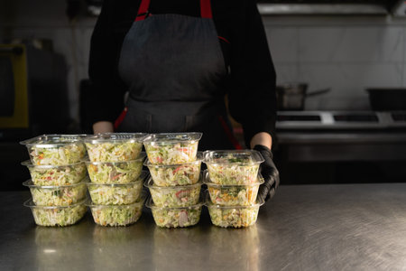 Disposable food items are ready for delivery. In the restaurant, the chef prepares food and is packaged in disposable lunch boxes for shipment. stacks salads dishes on top of each other.の写真素材