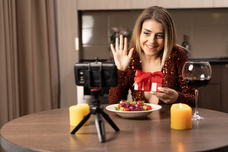 Long distance relationships. young couple on a virtual date on Valentines Day. woman cheerfully chatting on video using her smartphone and holding a red box with a gift in her hands.の写真素材