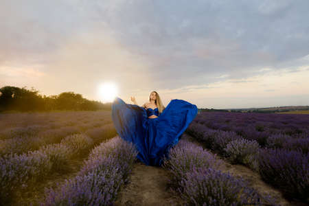 Provence, France. Charming young woman in blooming lavender fields at dawn background. Pretty lady in a magnificent dress.の写真素材