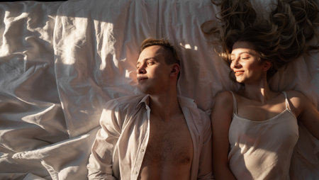 Romantic morning at the hotel. A man and a woman in white clothes and on white sheets of a warm hotel room lie in bed. Love, smile, honeymoon.の写真素材