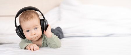 Pretty baby on a white background with headphones listening to music, baby 3 months old lying on bed with earphones, happy carefree childhood conceptの写真素材