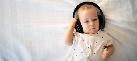 Wireless headphones at the baby lying on the bed, a newborn baby listens to music through the headset, the concept of a small DJ, a banner, a place for textの写真素材