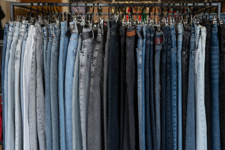 close-up, blue jeans on a hanger in a clothing store, sale of branded items, denim production department. Clothes backgroundの写真素材