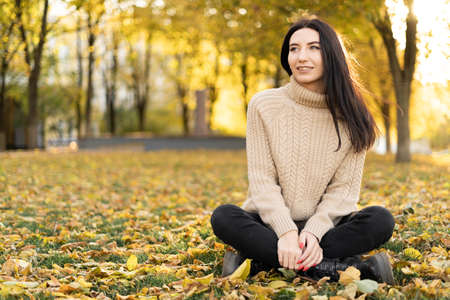 A young beautiful girl with long hair sits in many fallen orange and yellow leaves on the ground in a park. The woman is wearing a sweater. Joy, autumn, fall concept.の写真素材