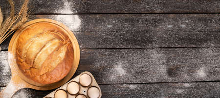 Round bread close-up. Freshly baked sourdough bread with a golden crust. Bakery context with delicious bread. confectionery. view from above. copyspace. bannerの写真素材
