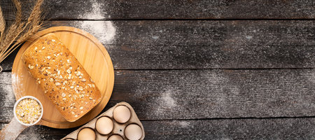 Homemade bread with flax and sunflower seeds on a wooden board in close-up. Food for diet and...
