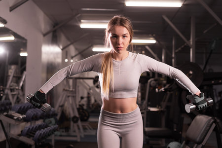 Sports woman doing hand exercises. muscular fitness lady working out with dumbbells in the gym. strength and motivationの写真素材