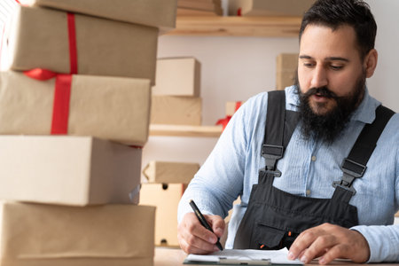 indian small business owner working from home office, start-up shipping and delivery business, male...